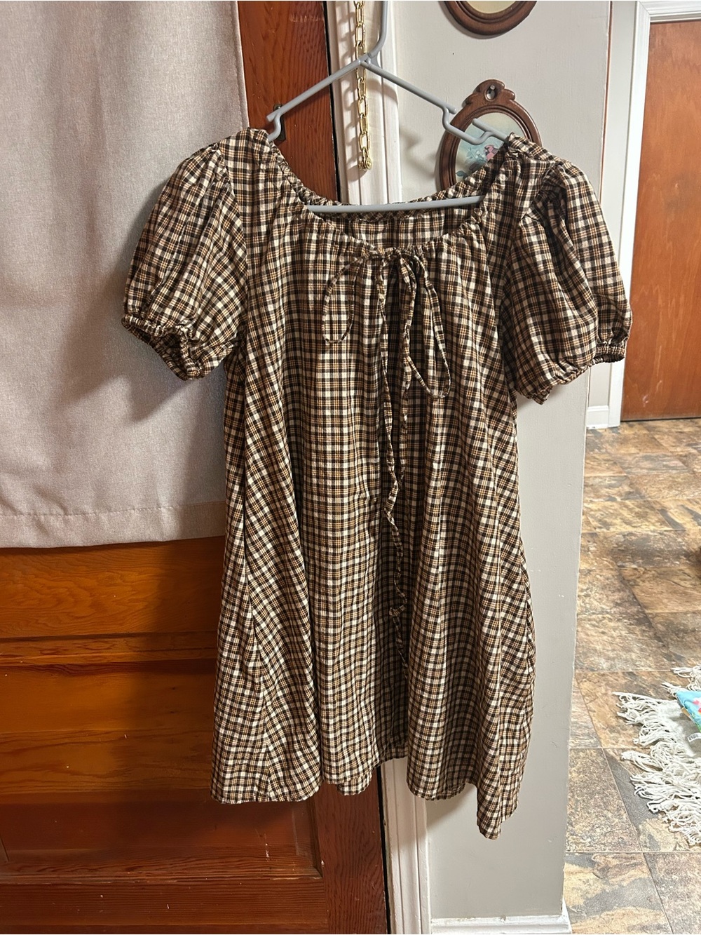 Brown Plaid Puff-Sleeve Dress Fall